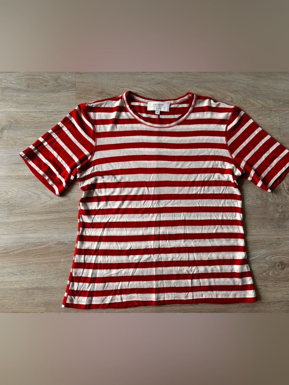 La Ligne Striped Silk Blend Boxy Crew Neck T Shirt Top Tee - Size Women's Medium